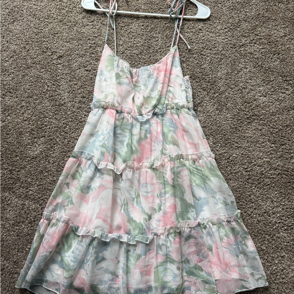Floral Tiered Mini Sundress with Adjustable Straps - Pink & Green